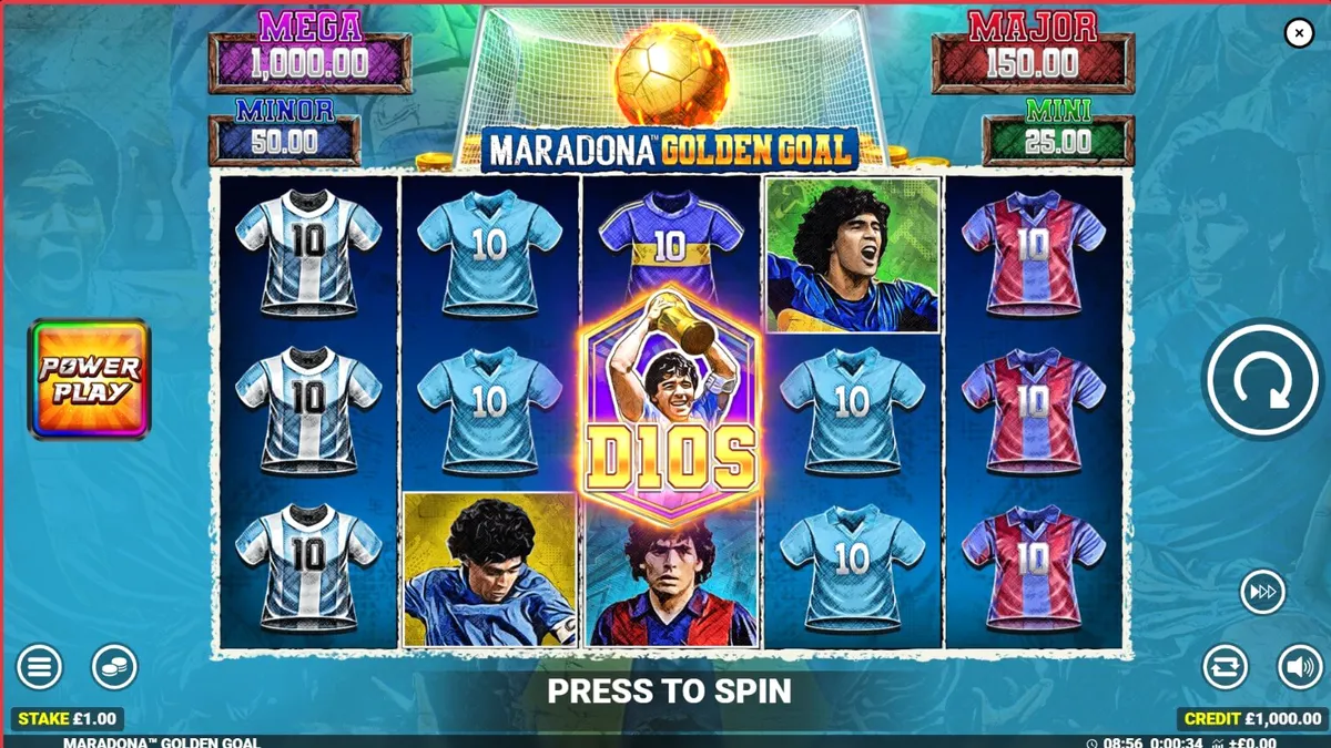 Imagem principal do slot Maradona Golden Goal mostrando Diego Maradona com uma bola de futebol dourada e os jackpots em destaque.